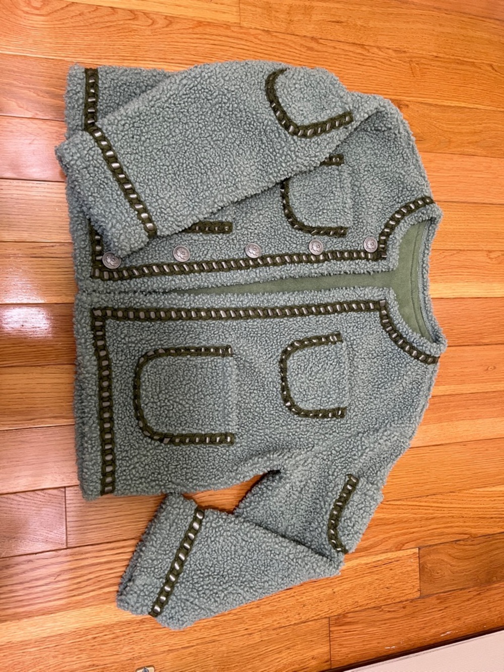 Women’s Teddy Jacket in Sage Green with Decorative Trim